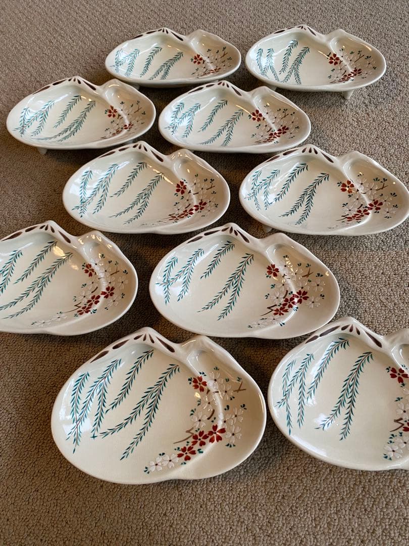 清水焼向付　仁清重ね蛤柳桜5客 新品未使用 お造り　前菜器