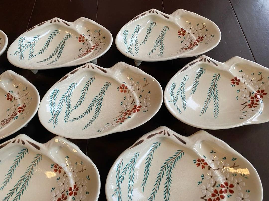 清水焼向付　仁清重ね蛤柳桜5客 新品未使用 お造り　前菜器