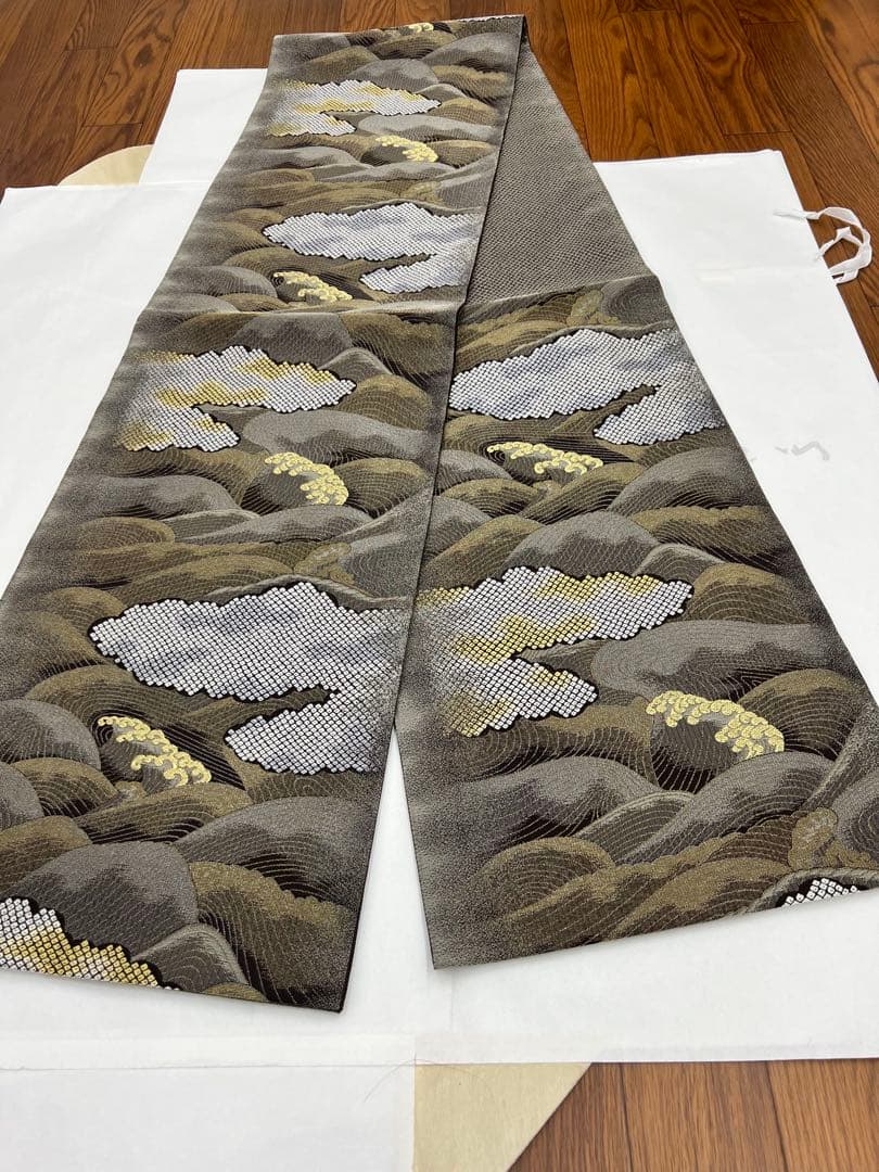 正絹　6通袋帯　荒波　鹿の子織り出し