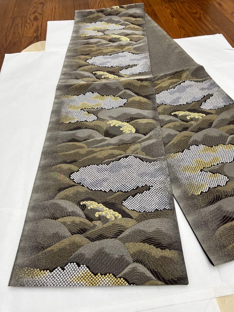 正絹　6通袋帯　荒波　鹿の子織り出し