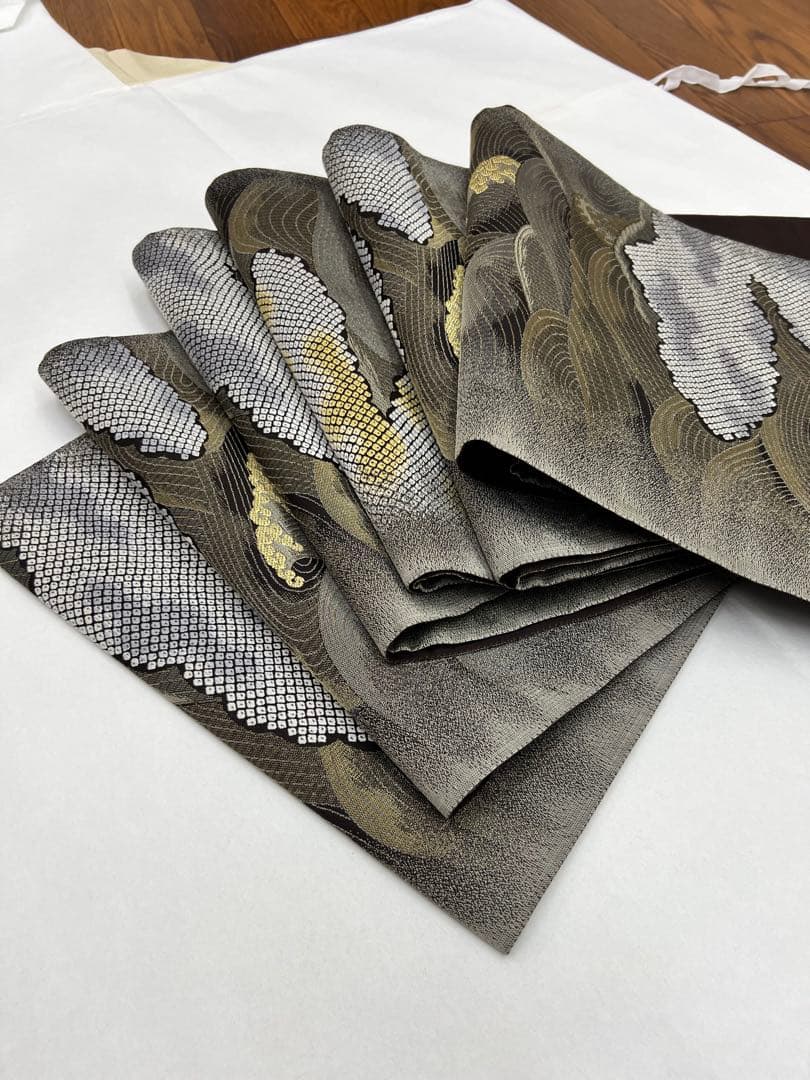 正絹　6通袋帯　荒波　鹿の子織り出し