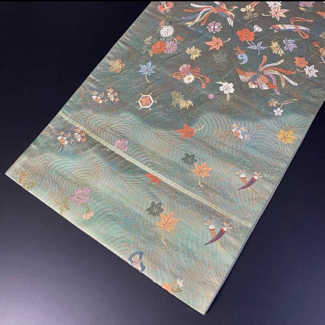 ZY-695 袋帯 鳳凰 宝尽くし 丁子 鼓 琴 楽器文様 六通 名品 珍品
