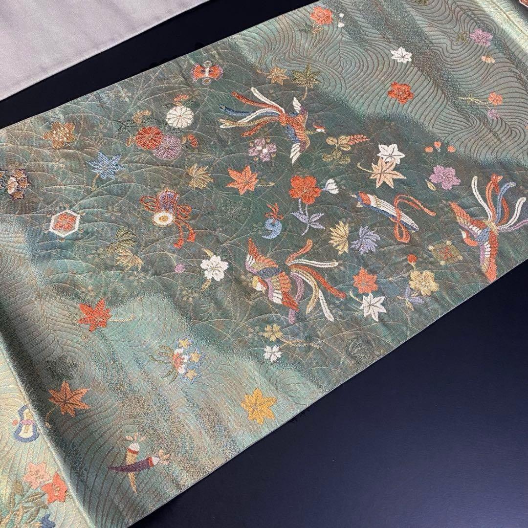 ZY-695 袋帯 鳳凰 宝尽くし 丁子 鼓 琴 楽器文様 六通 名品 珍品