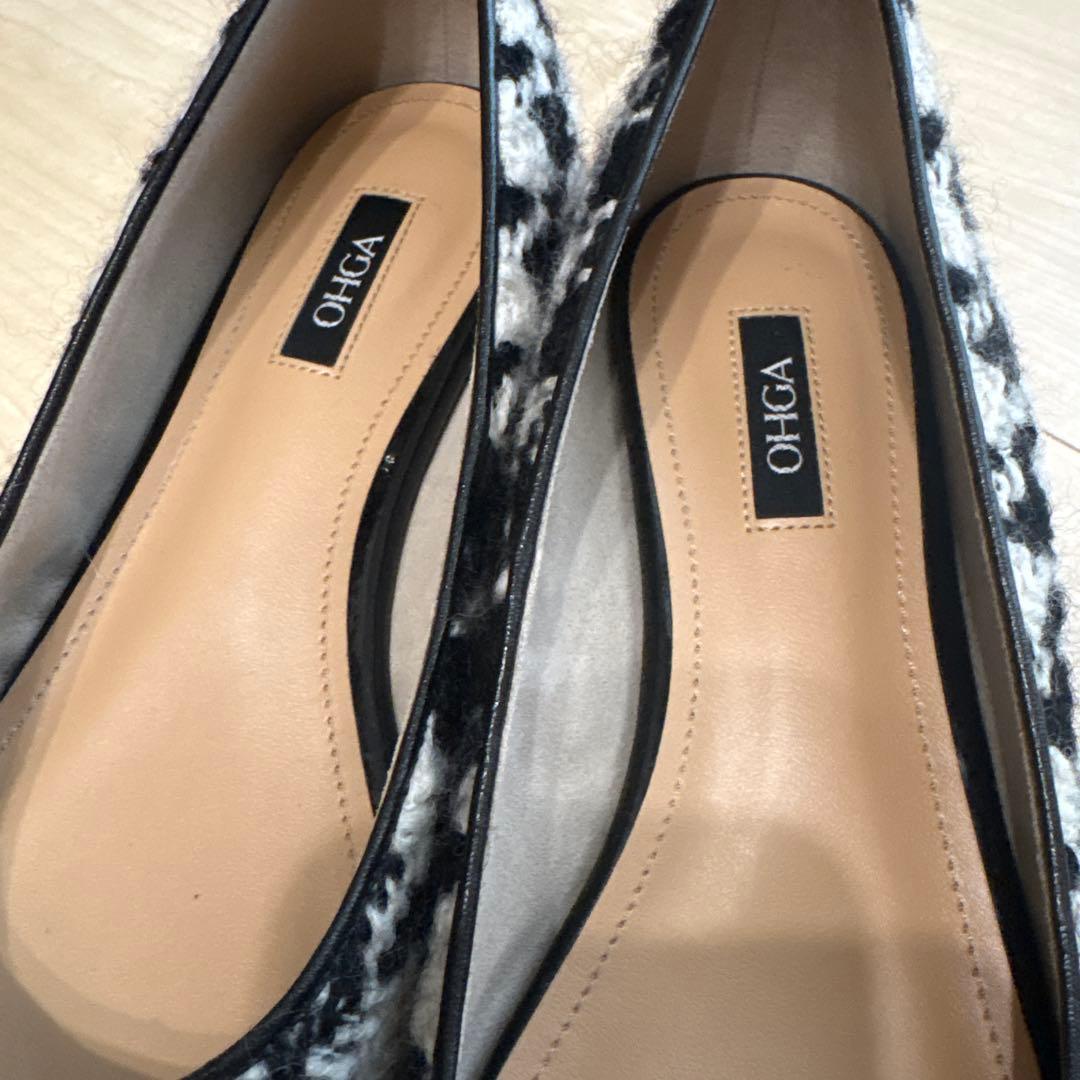 OHGA オオガ　ツイード　千鳥柄　フラットシューズ　ビジュー