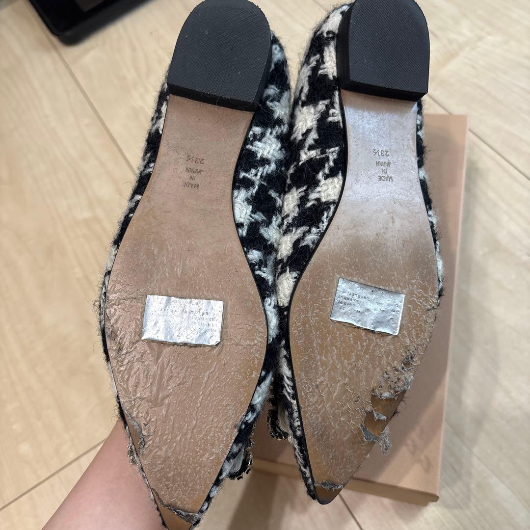 OHGA オオガ　ツイード　千鳥柄　フラットシューズ　ビジュー