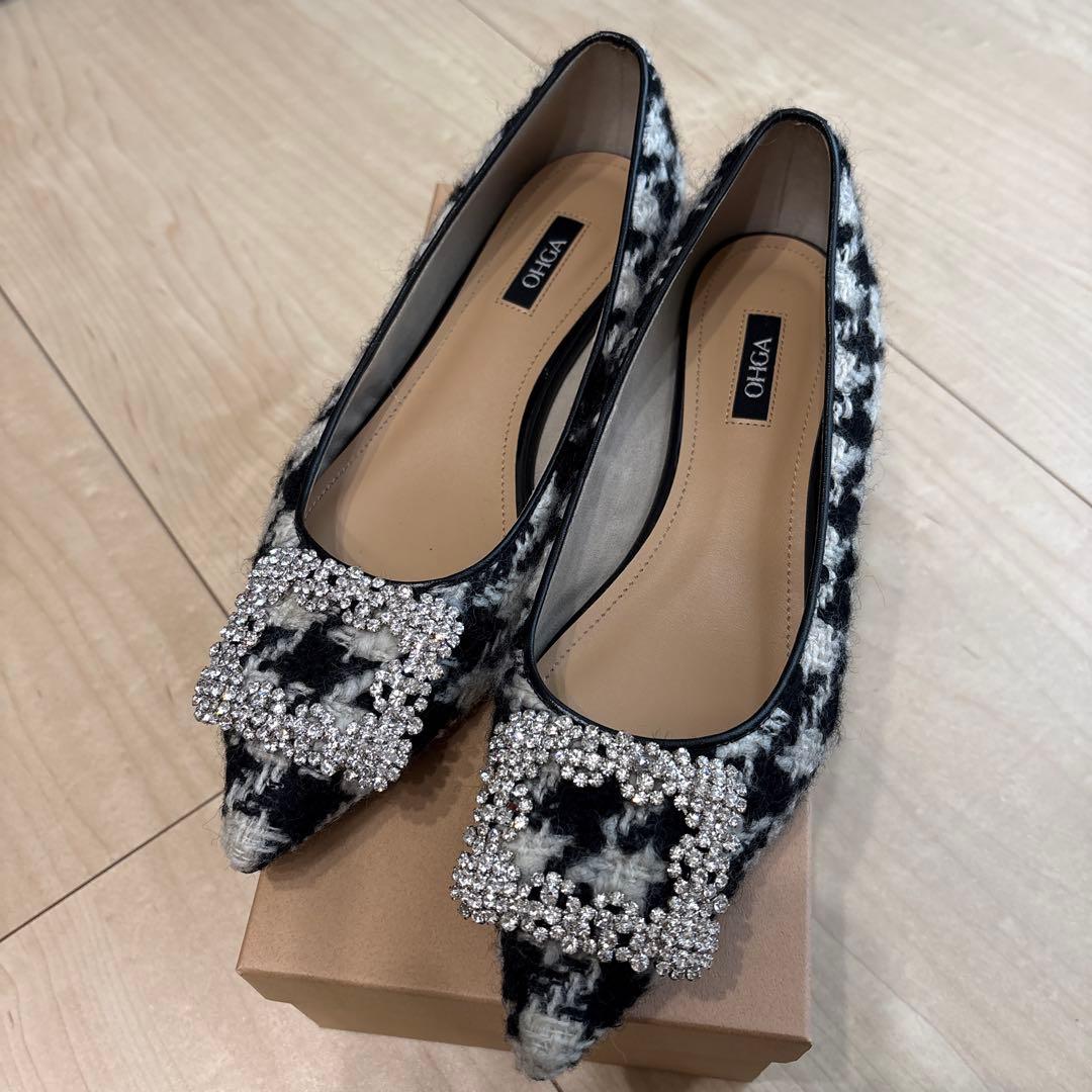 OHGA オオガ　ツイード　千鳥柄　フラットシューズ　ビジュー