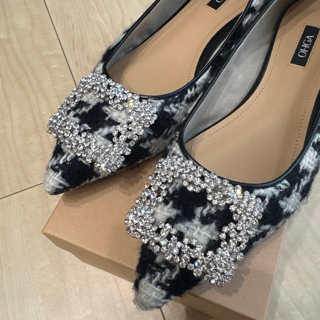 OHGA オオガ　ツイード　千鳥柄　フラットシューズ　ビジュー