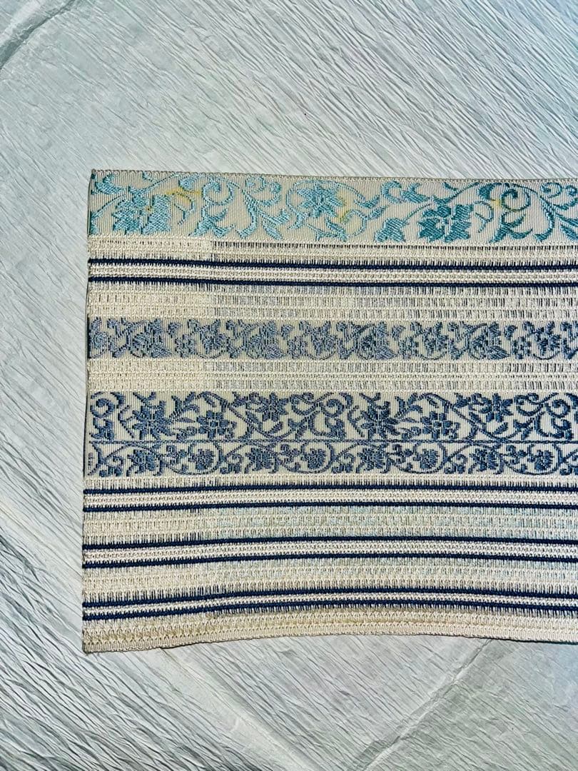 【夏帯】博多織 紗献上 8寸名古屋帯 日本和装購入 涼感ブルー系 手先部分かがり