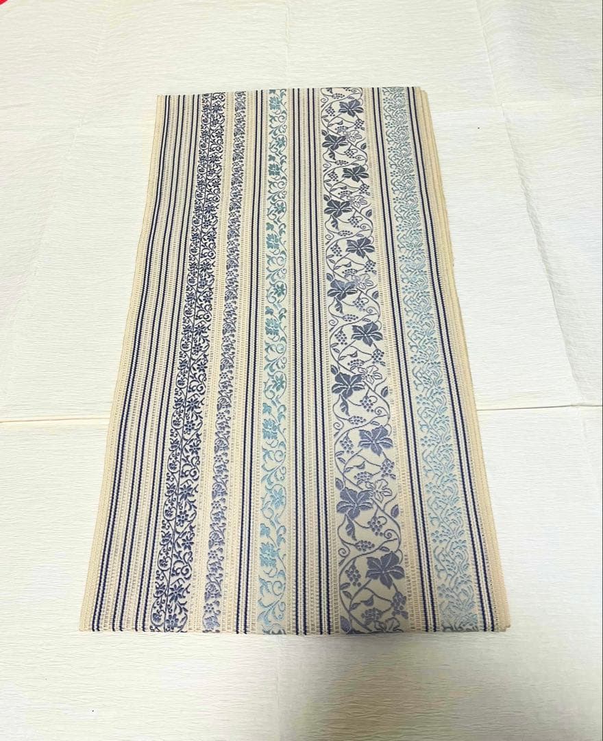 【夏帯】博多織 紗献上 8寸名古屋帯 日本和装購入 涼感ブルー系 手先部分かがり