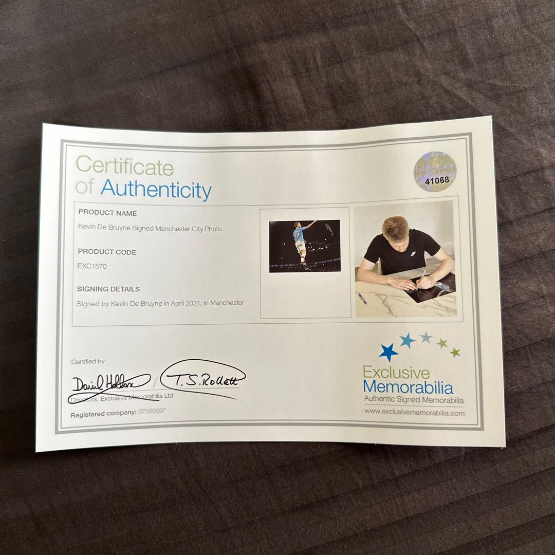 ケビン・デブライネ　直筆サインフォト　マンチェスターシティ　証明書付き　新品