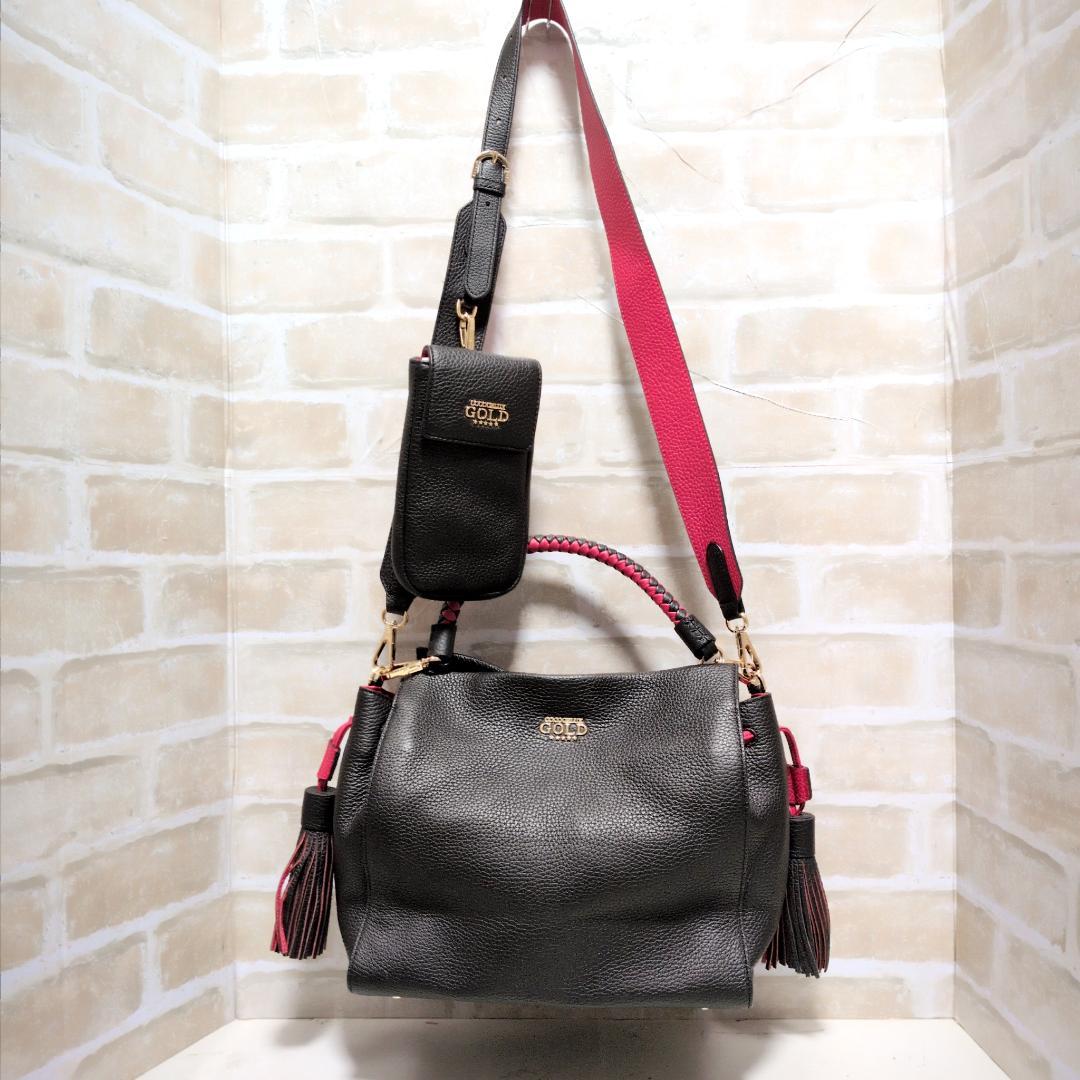 ★ココセリュックスゴールド 2WAY シボ革 バッグ スマホケース付 黒赤 新同