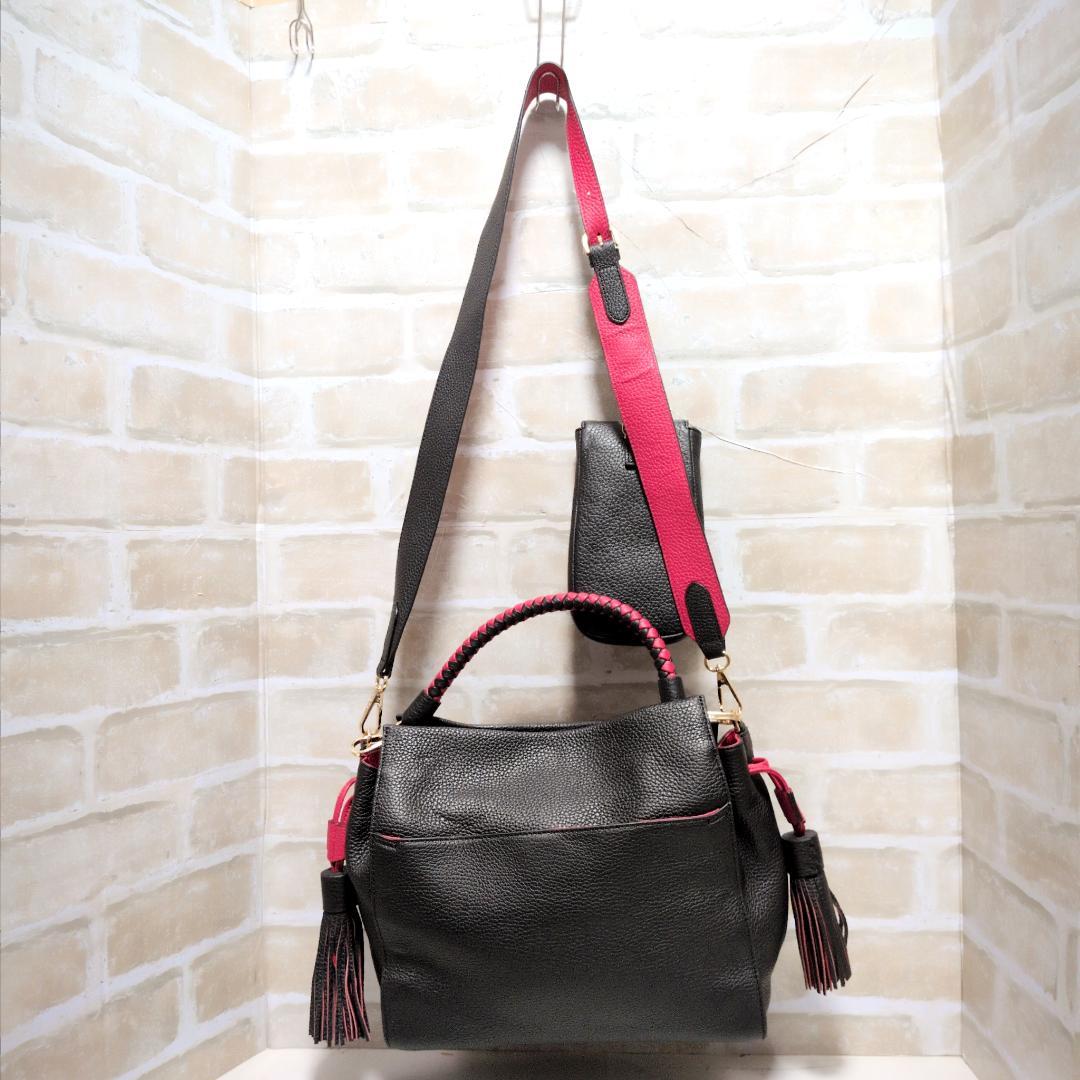 ★ココセリュックスゴールド 2WAY シボ革 バッグ スマホケース付 黒赤 新同