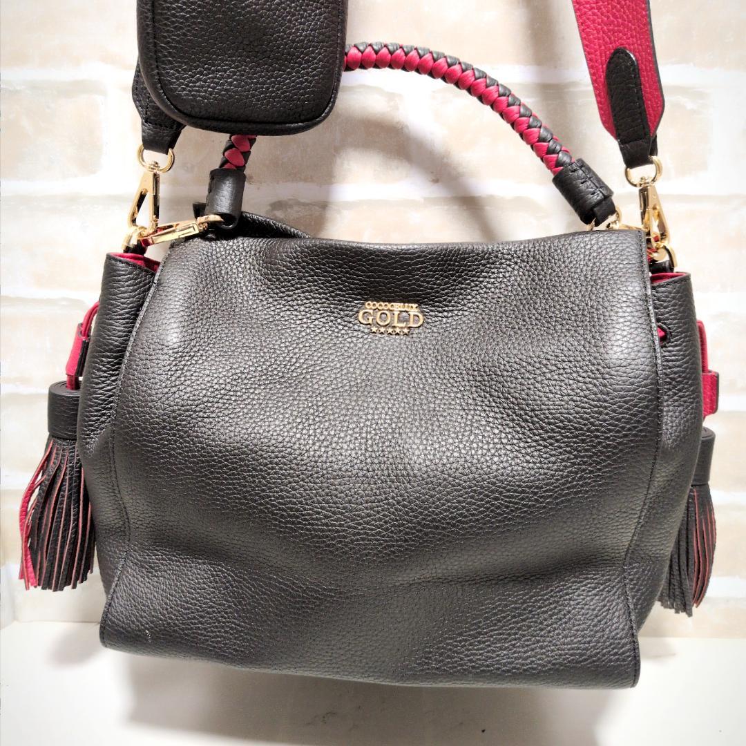 ★ココセリュックスゴールド 2WAY シボ革 バッグ スマホケース付 黒赤 新同