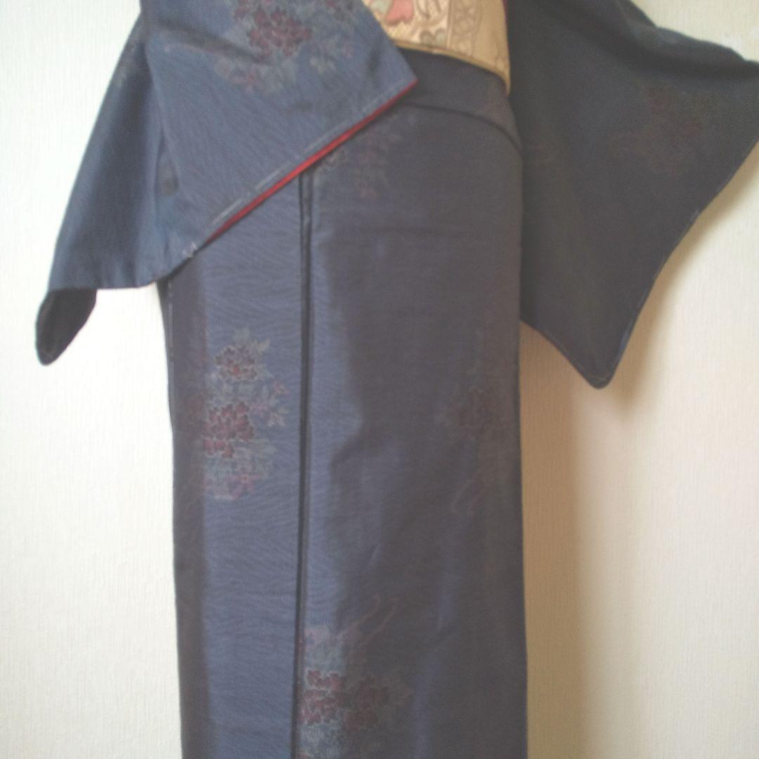 ent・正絹・大島紬・紺系・地紋・花柄・袷・一部仕付け糸付き