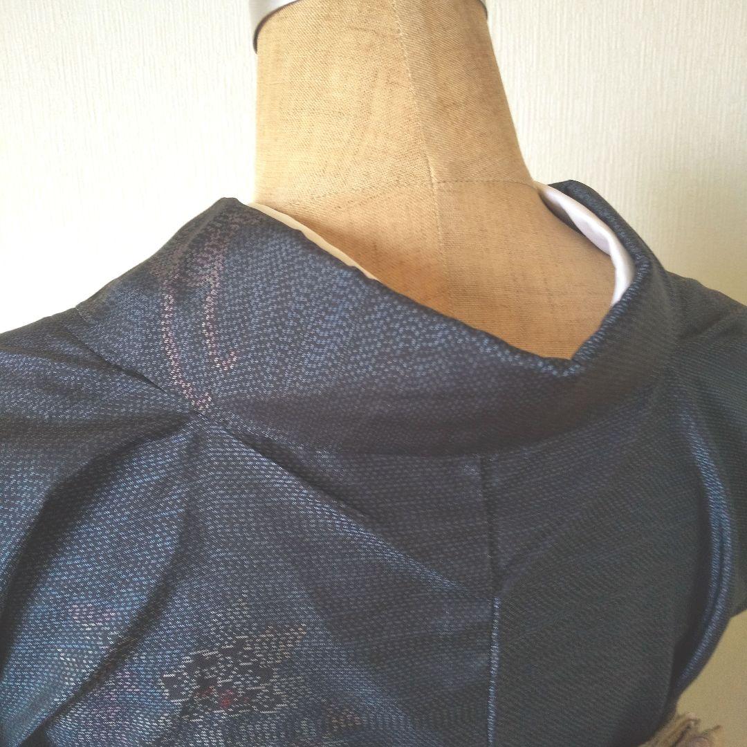 ent・正絹・大島紬・紺系・地紋・花柄・袷・一部仕付け糸付き