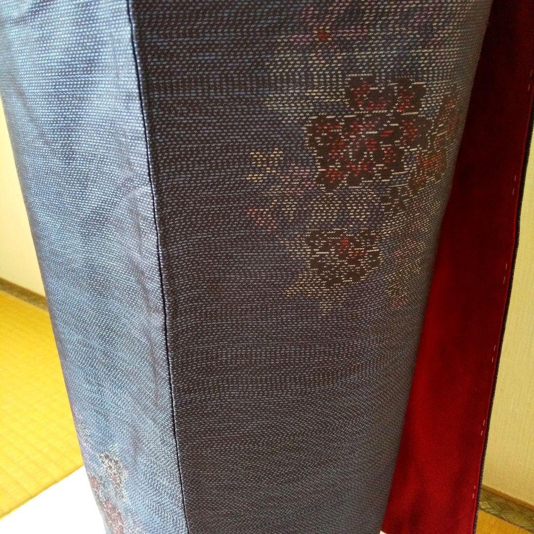 ent・正絹・大島紬・紺系・地紋・花柄・袷・一部仕付け糸付き