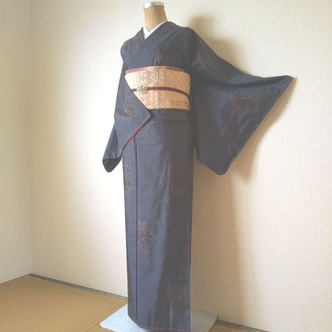 ent・正絹・大島紬・紺系・地紋・花柄・袷・一部仕付け糸付き