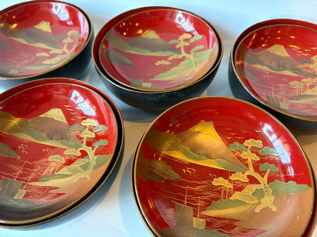 明治　大正期　会津塗　鉄錆塗　蒔絵　富士山　木製　蓋付き　お椀　梅鶯　内朱　5客