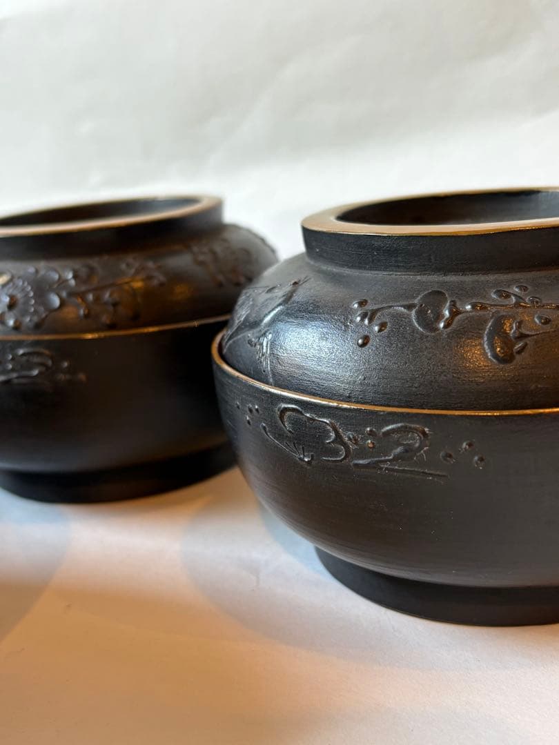 明治　大正期　会津塗　鉄錆塗　蒔絵　富士山　木製　蓋付き　お椀　梅鶯　内朱　5客