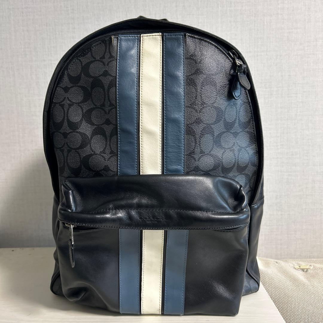 【正規品】COACH コーチ　レザー ストライプ　リュック　シグネチャー柄