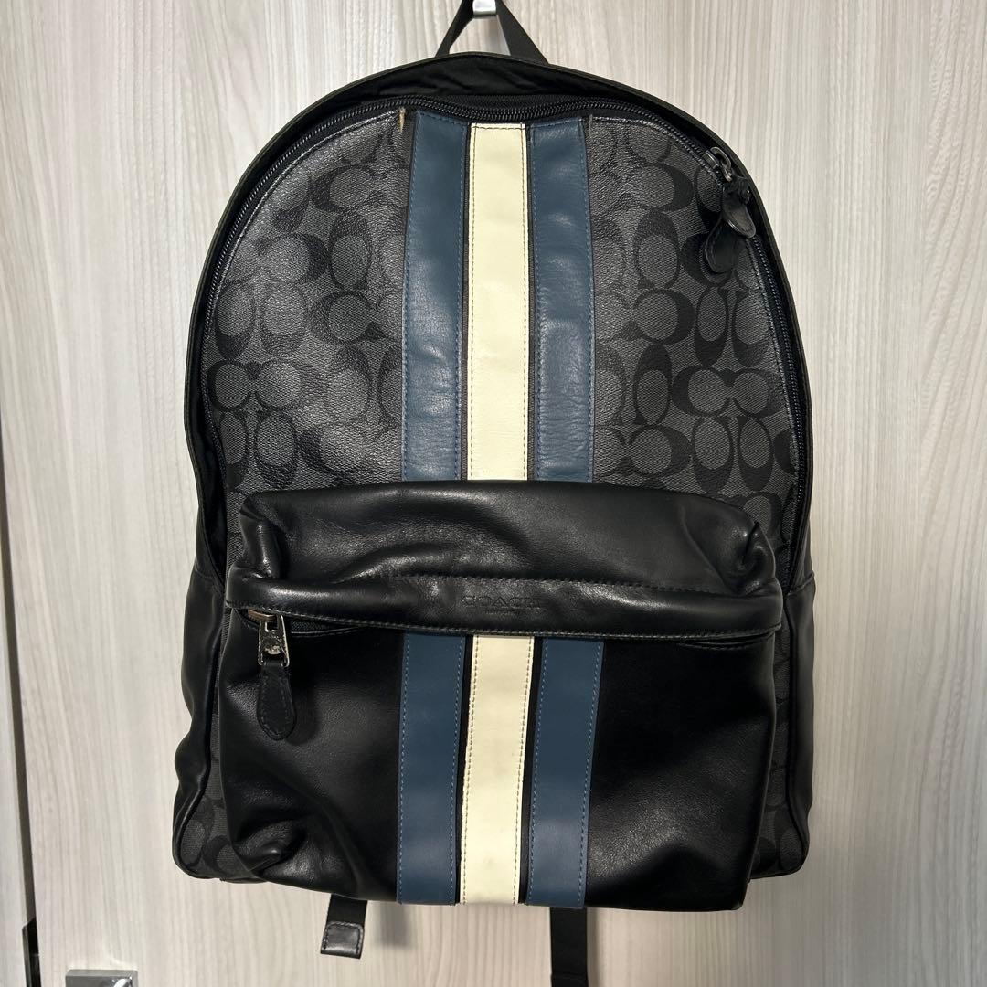 【正規品】COACH コーチ　レザー ストライプ　リュック　シグネチャー柄