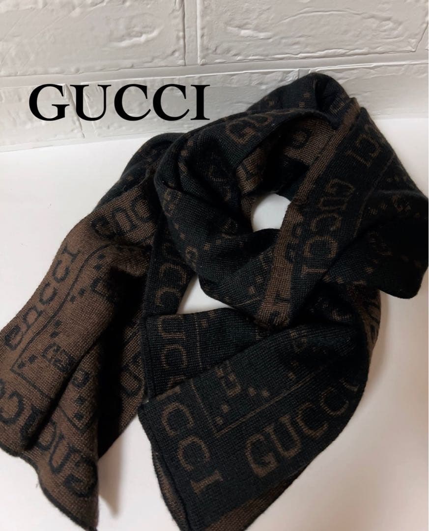 グッチ　GUCCI マフラー　GG ブラック×ブラウン