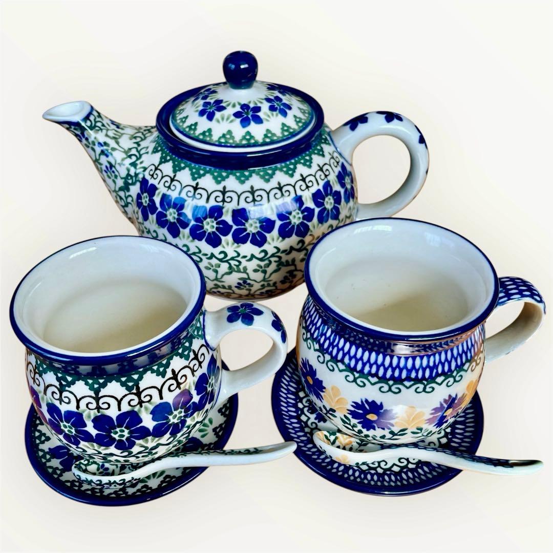 ポーランド食器ポーリッシュポタリー ティーポット カップ・ソーサ・スプーンset