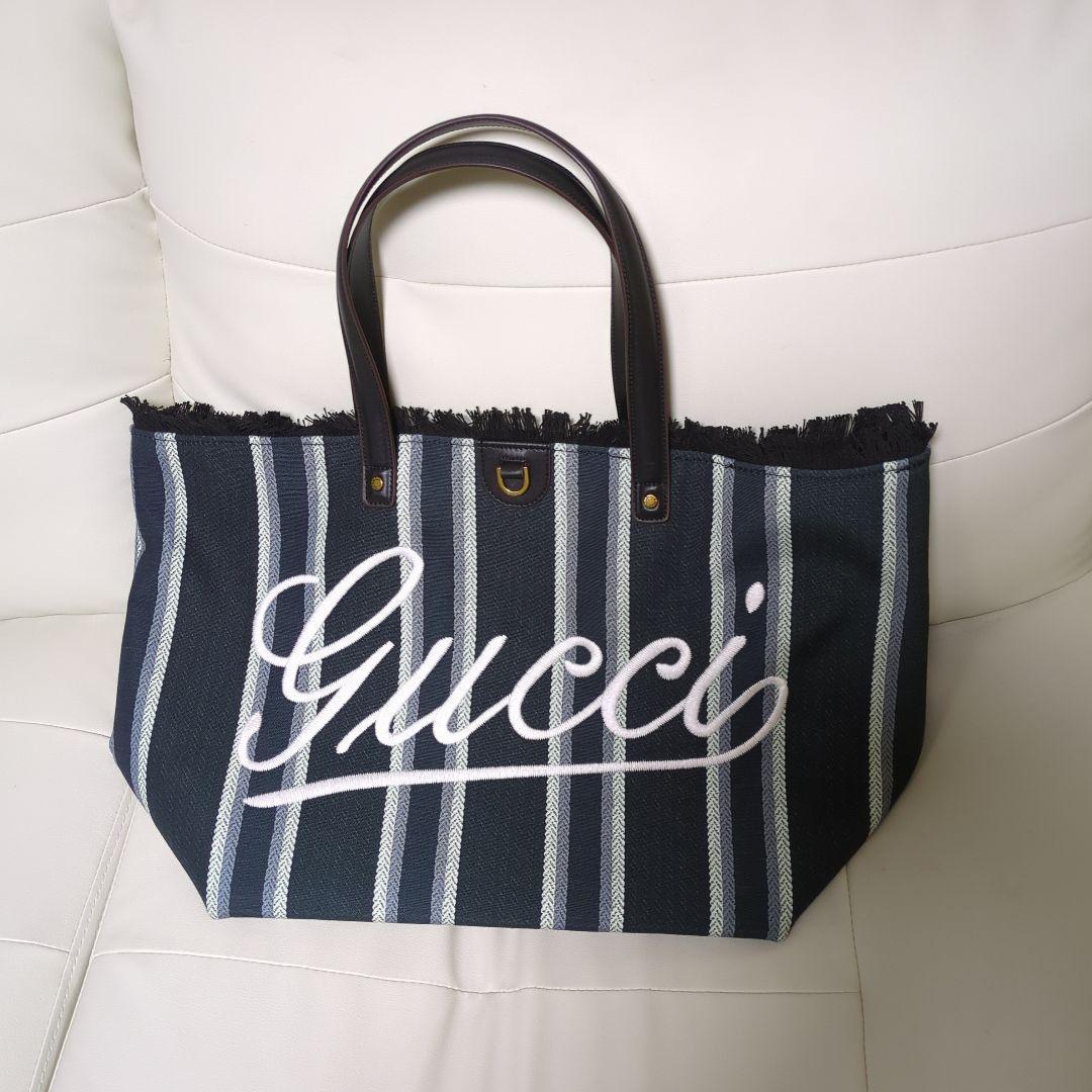 Gucci ストライプトートバッグ 　大　ネイビー ノベルティ