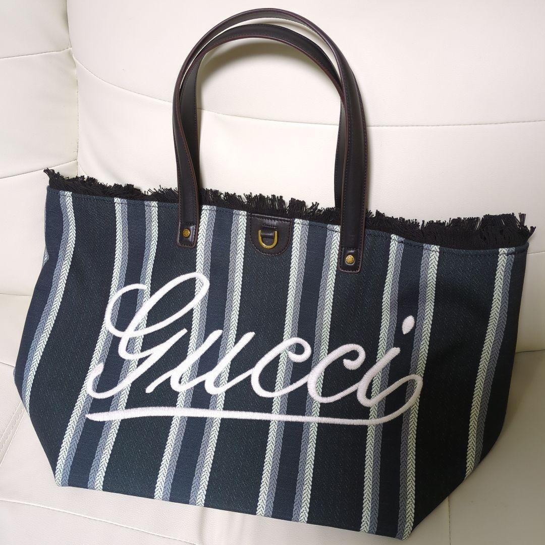Gucci ストライプトートバッグ 　大　ネイビー ノベルティ