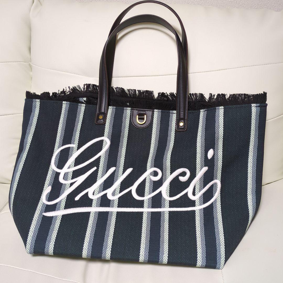 Gucci ストライプトートバッグ 　大　ネイビー ノベルティ
