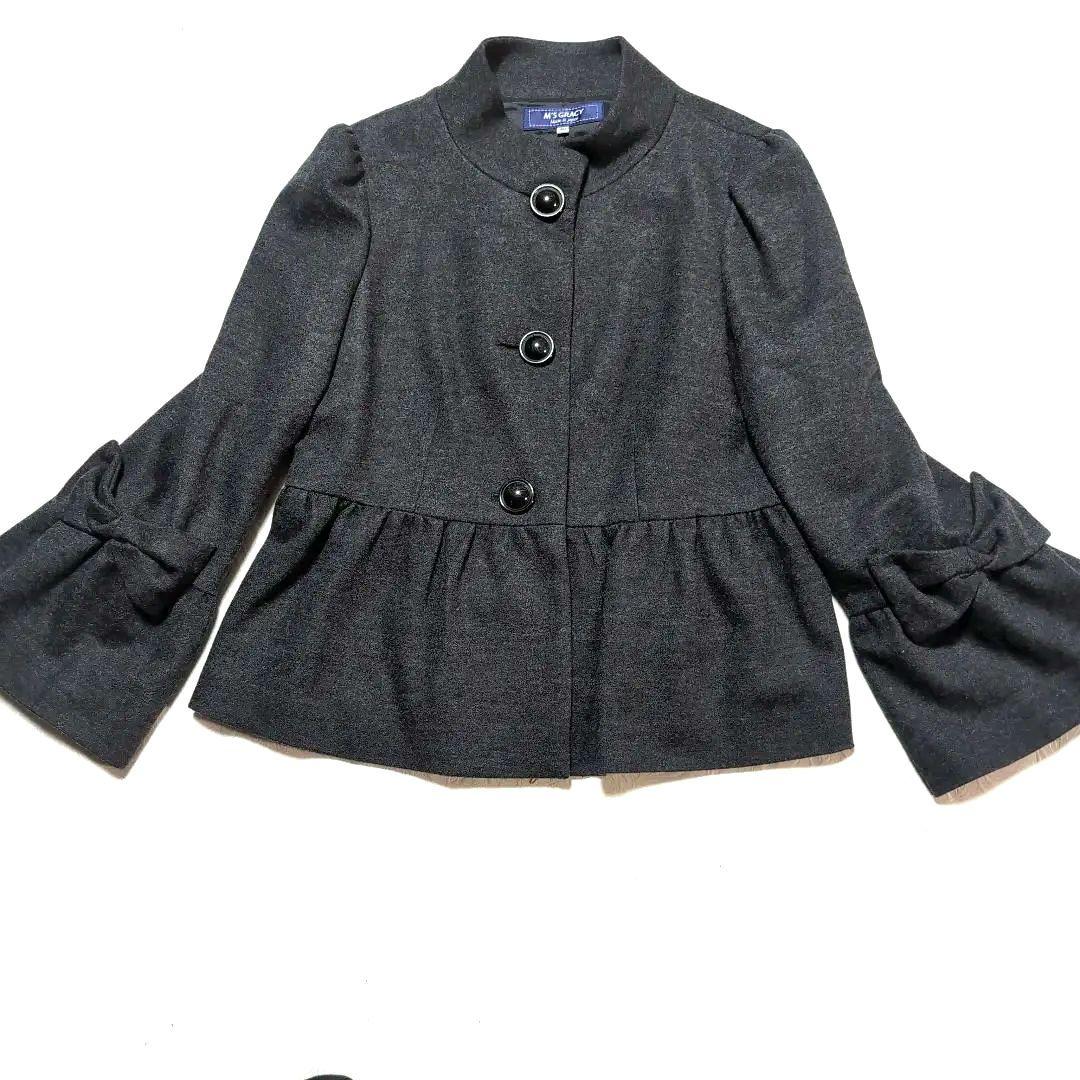 りぼん♡さま★エムズグレイシー　ダークグレー リボン付きフレアスリーブ コート