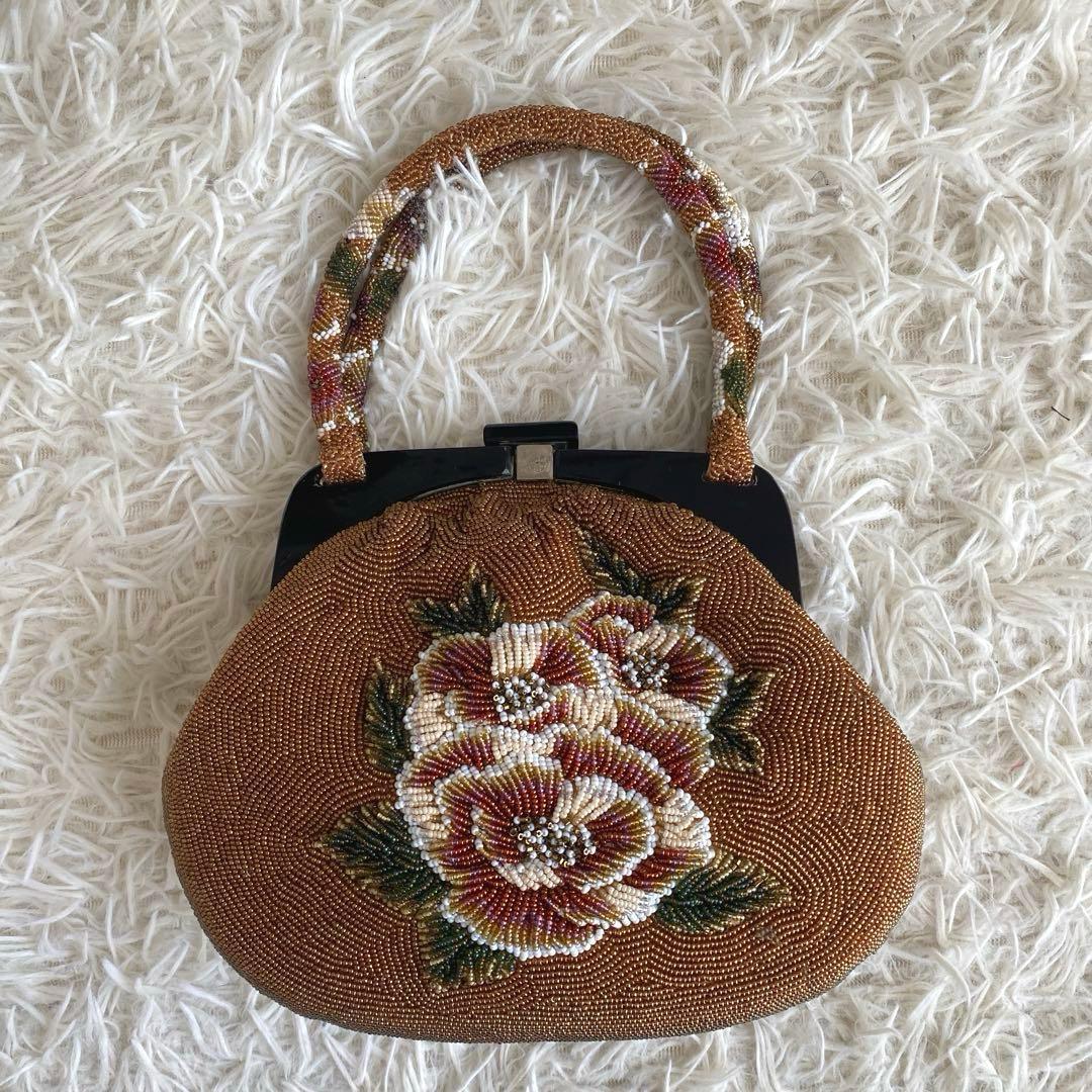 美品　和装バッグ ビーズバッグ フォーマル ビーズ 和装小物 茶