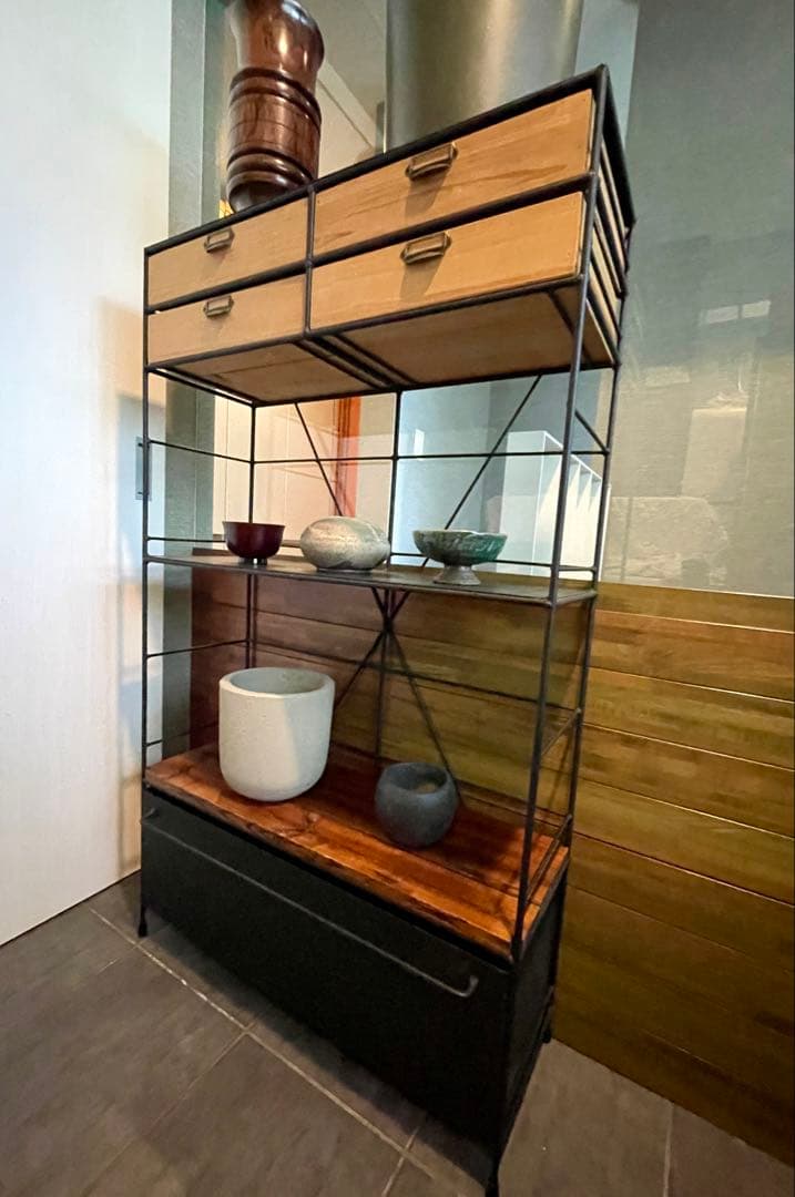 美品■アイアン×天然木 ドロワーシェルフ/キッチンボード/ディスプレイラック