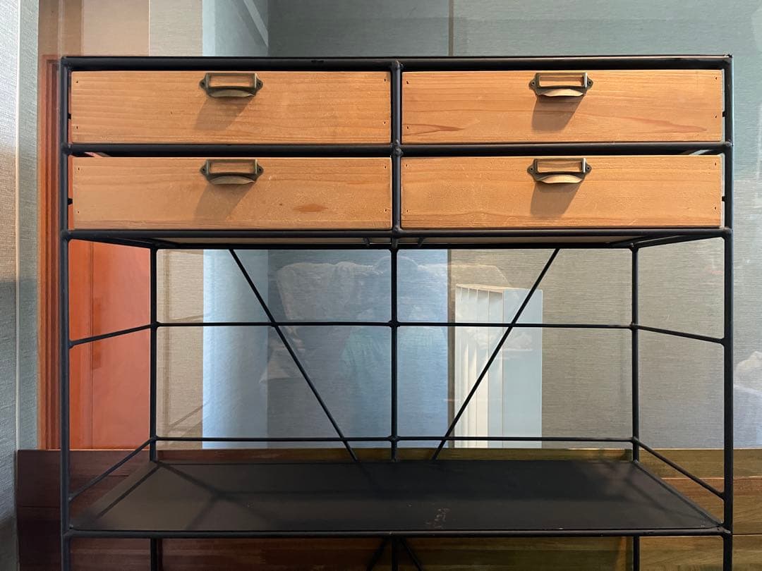 美品■アイアン×天然木 ドロワーシェルフ/キッチンボード/ディスプレイラック