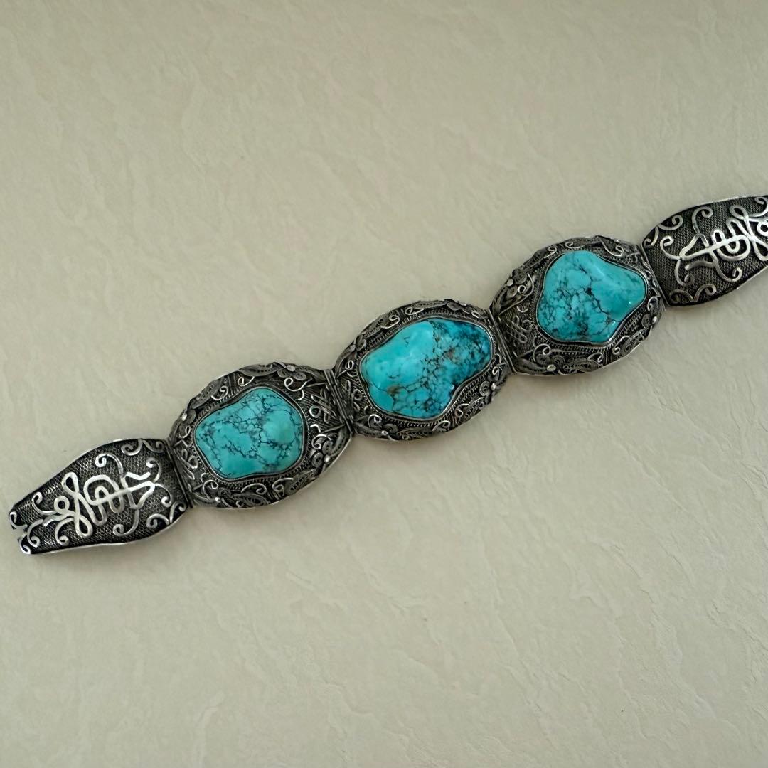 アンティーク中国輸出用銀器　銀線細工トルコ石ターコイズバングルブレスレット大ぶり