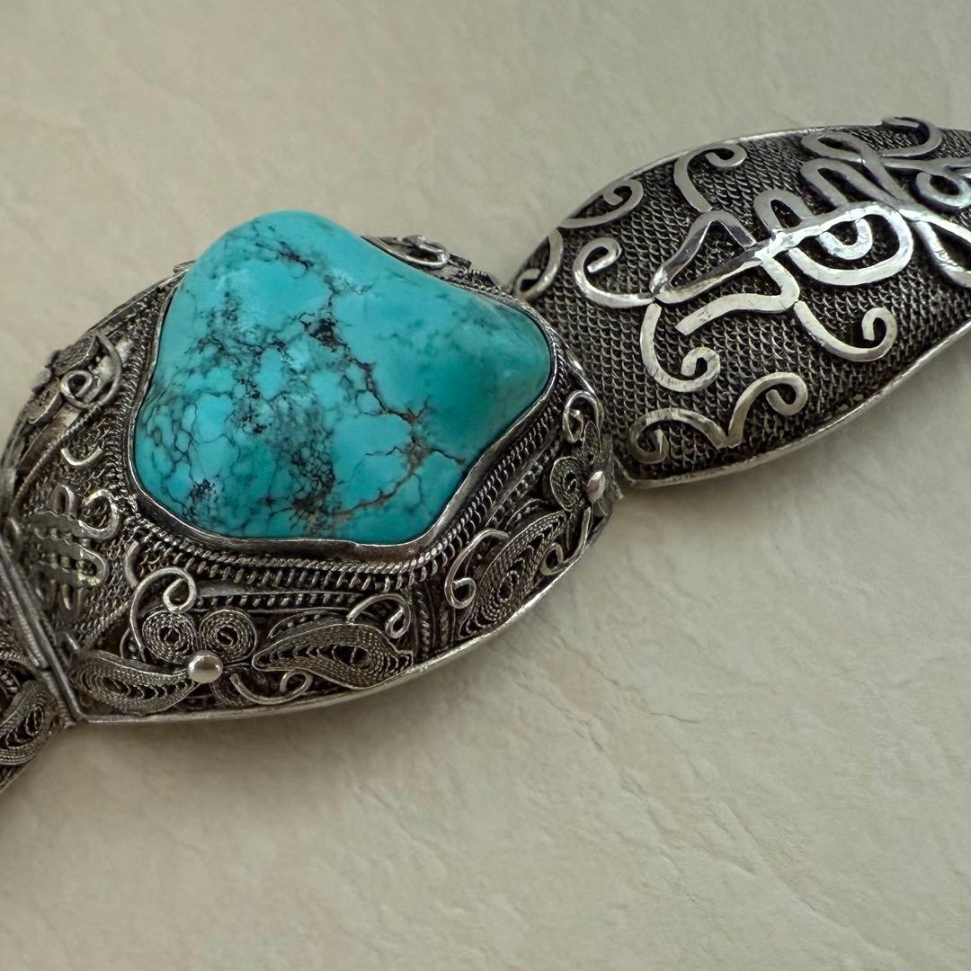アンティーク中国輸出用銀器　銀線細工トルコ石ターコイズバングルブレスレット大ぶり