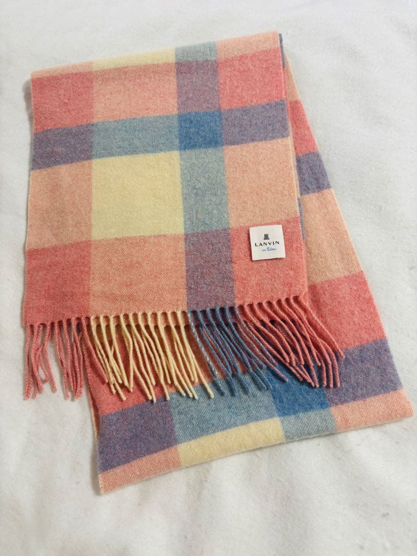 27　ランバンオンブルー　カシミヤ　ストール　マフラー　ピンク　チェック