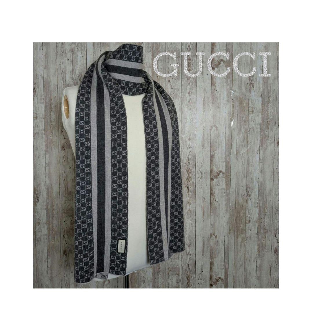 GUCCI グッチマフラー ウール グレイ 総柄 メンズ GGマーク