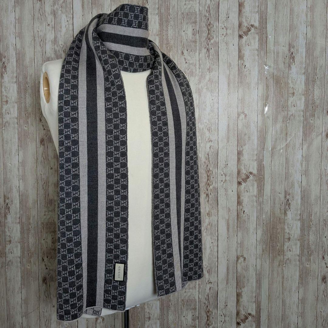 GUCCI グッチマフラー ウール グレイ 総柄 メンズ GGマーク