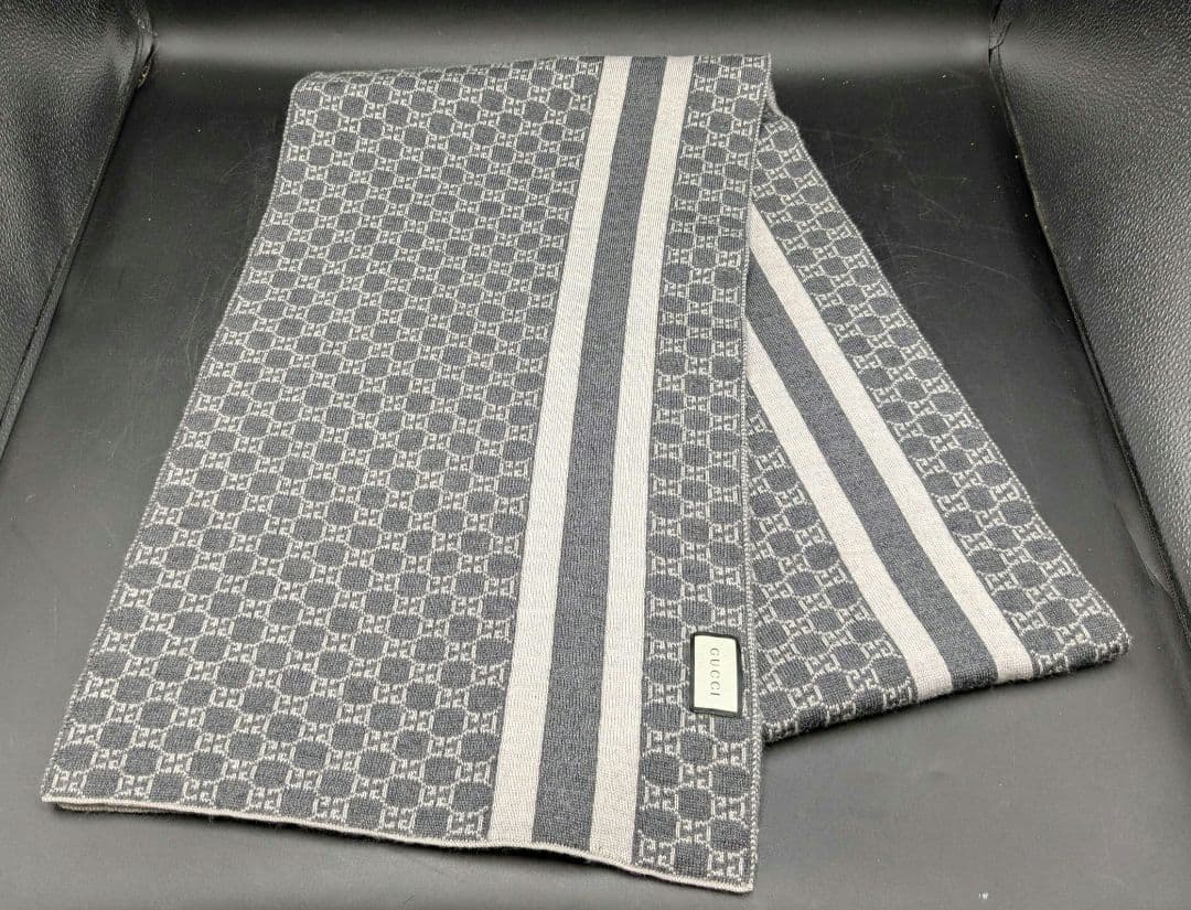 GUCCI グッチマフラー ウール グレイ 総柄 メンズ GGマーク