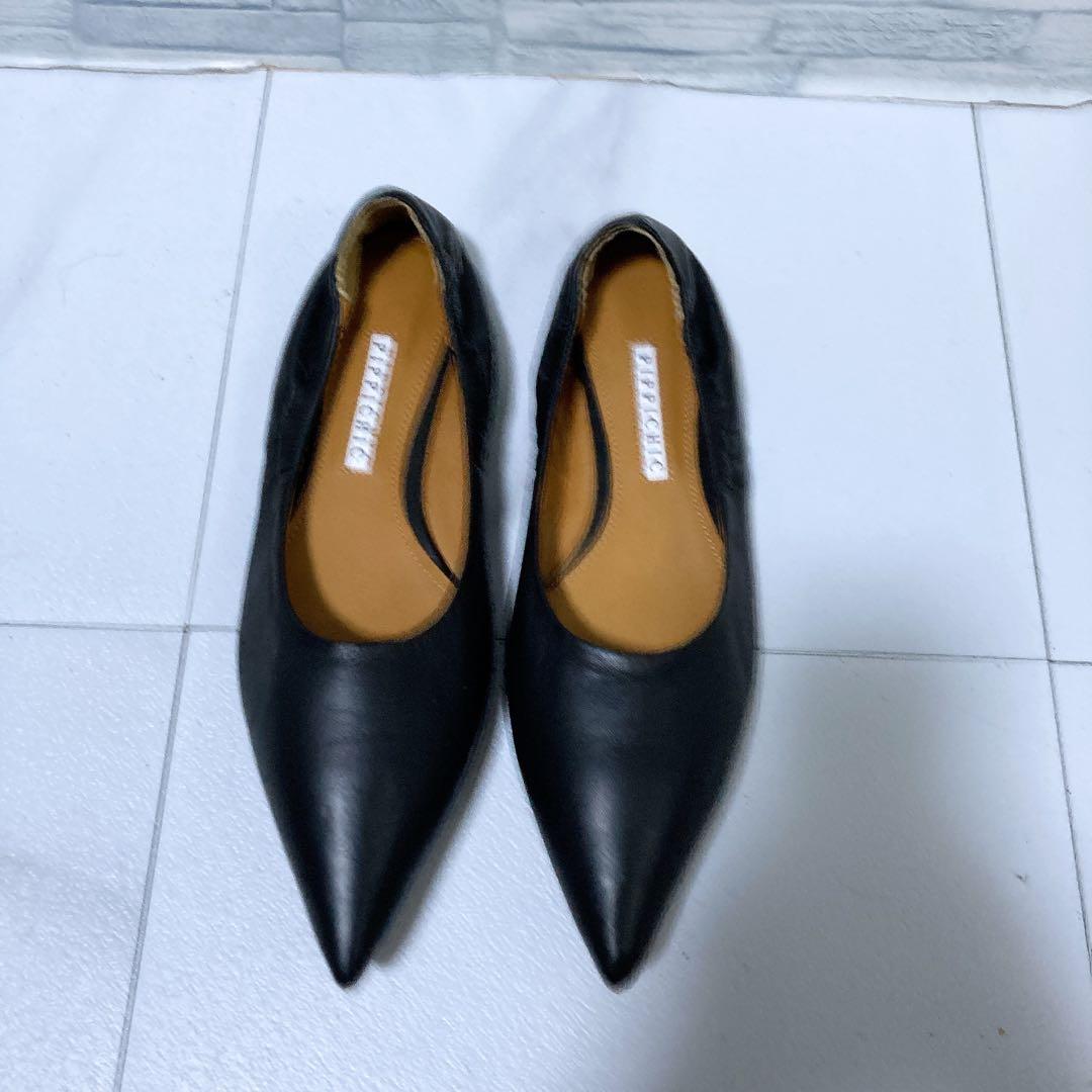 未使用級 ピッピシック ギャザーフラットパンプス 本革 ブラック 黒 38 25