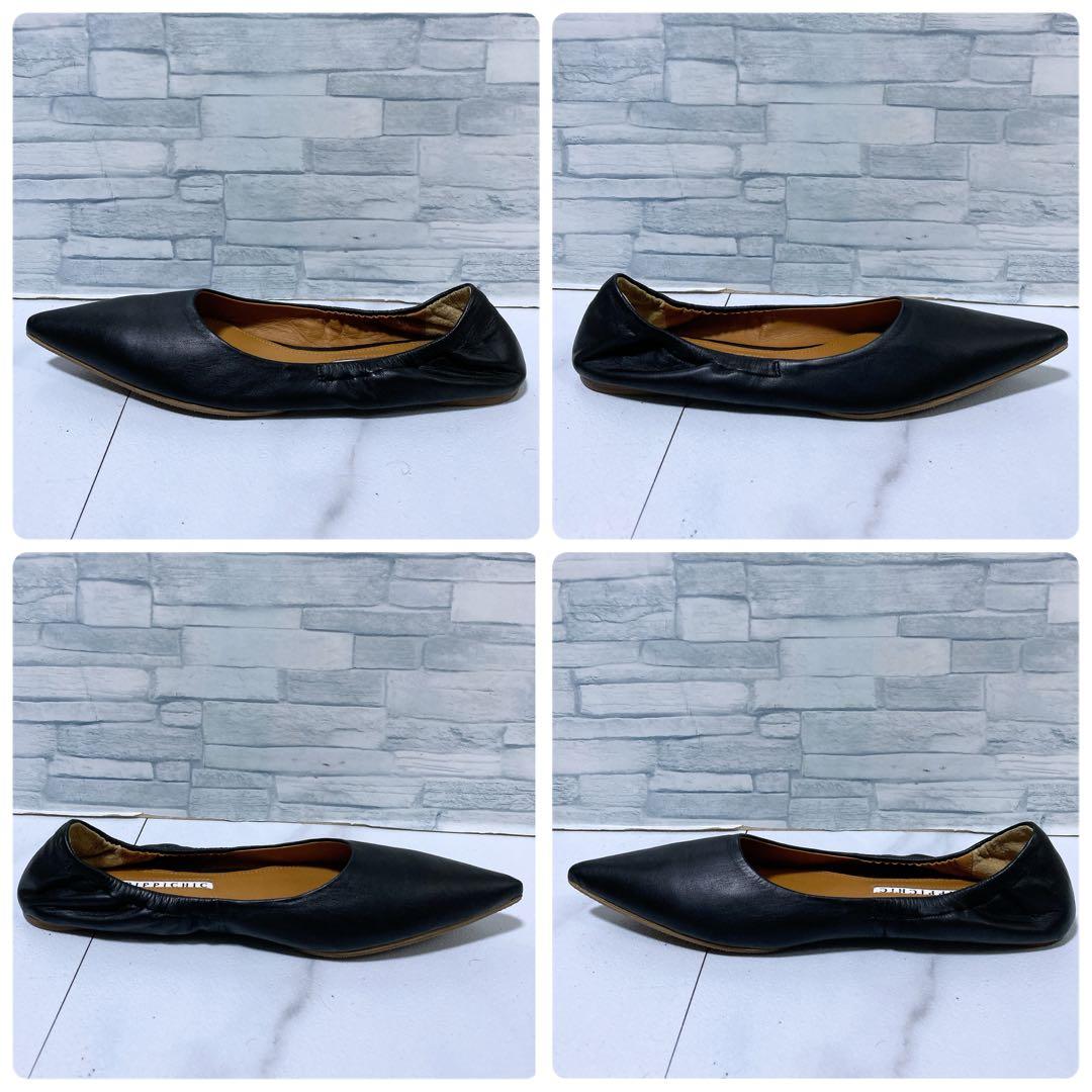 未使用級 ピッピシック ギャザーフラットパンプス 本革 ブラック 黒 38 25