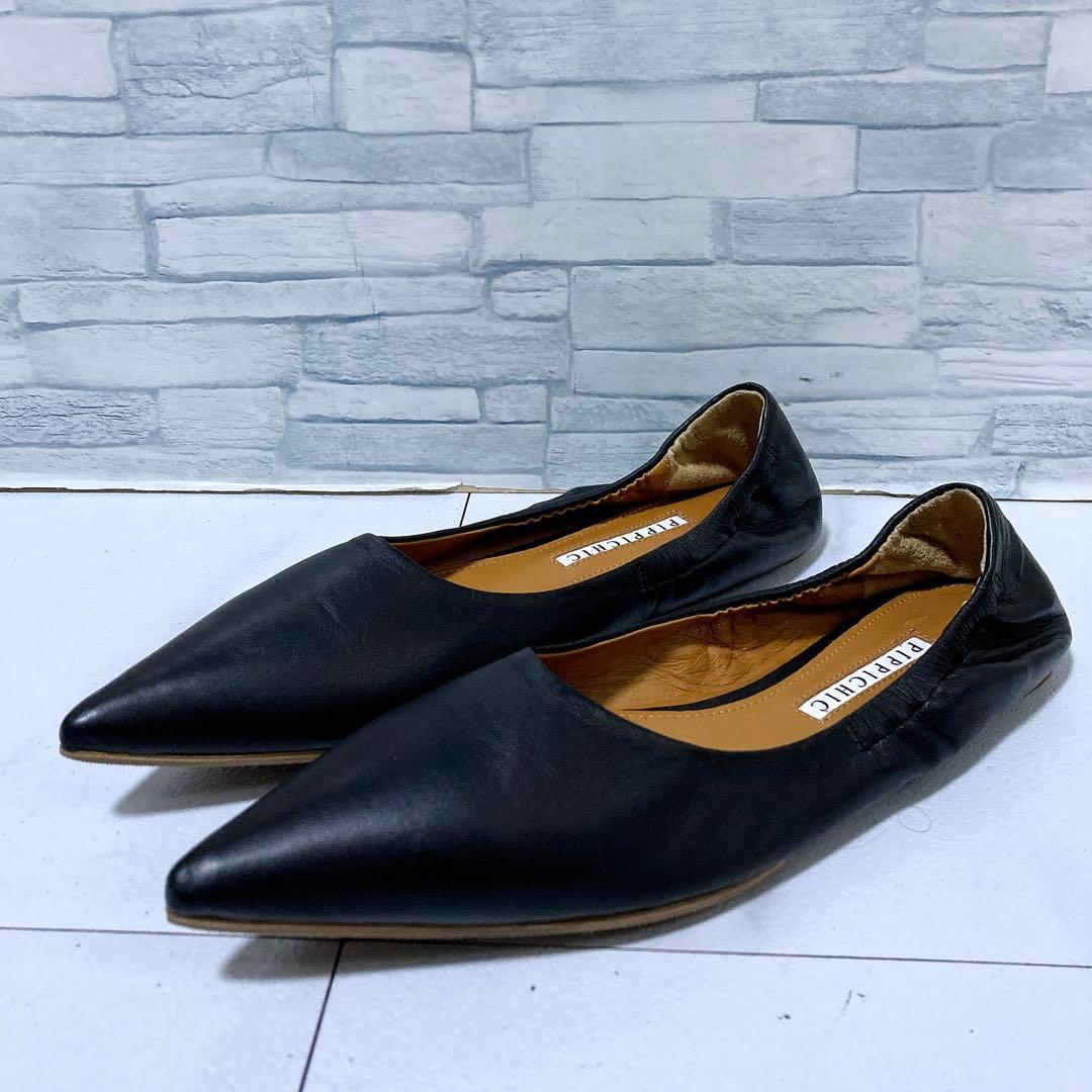 未使用級 ピッピシック ギャザーフラットパンプス 本革 ブラック 黒 38 25