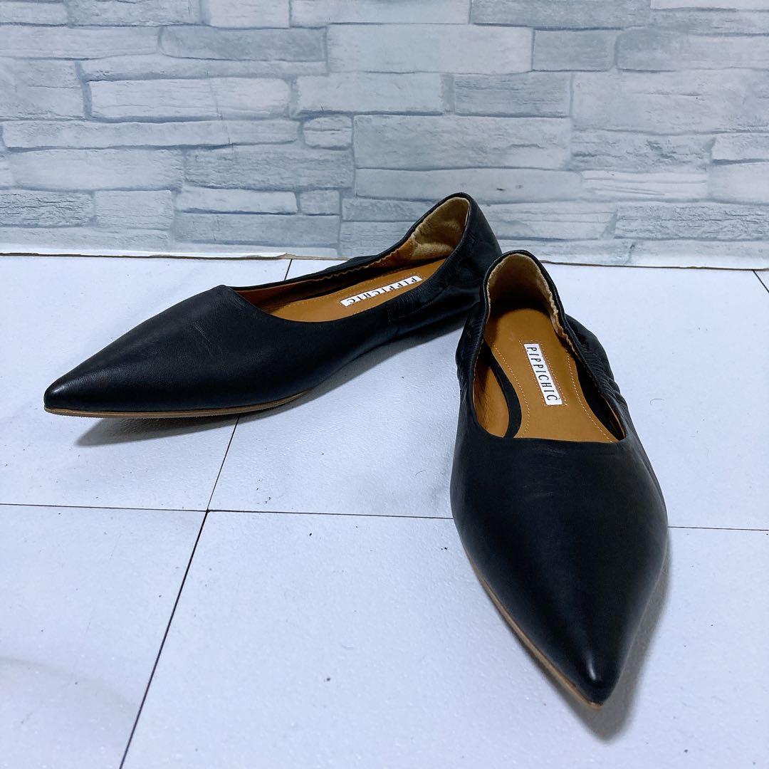 未使用級 ピッピシック ギャザーフラットパンプス 本革 ブラック 黒 38 25