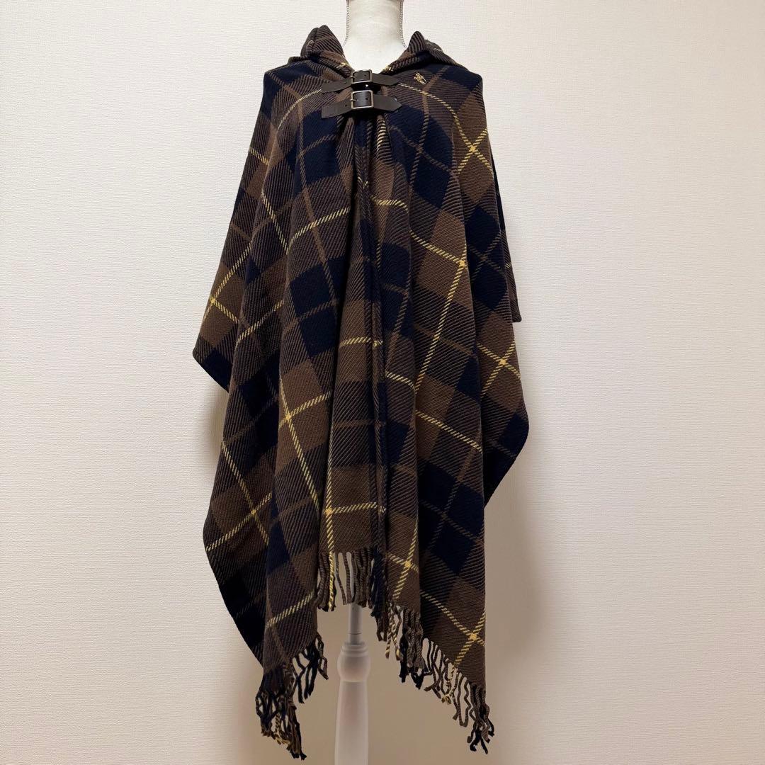 バーバリーブルーレーベル　ポンチョ　フード付き　ホースロゴ　レザーベルト　茶　M