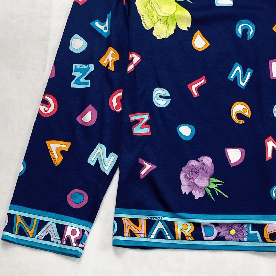 美品 トリム 薔薇 LL 花 アルファベット ロゴボタン レオナール カットソー