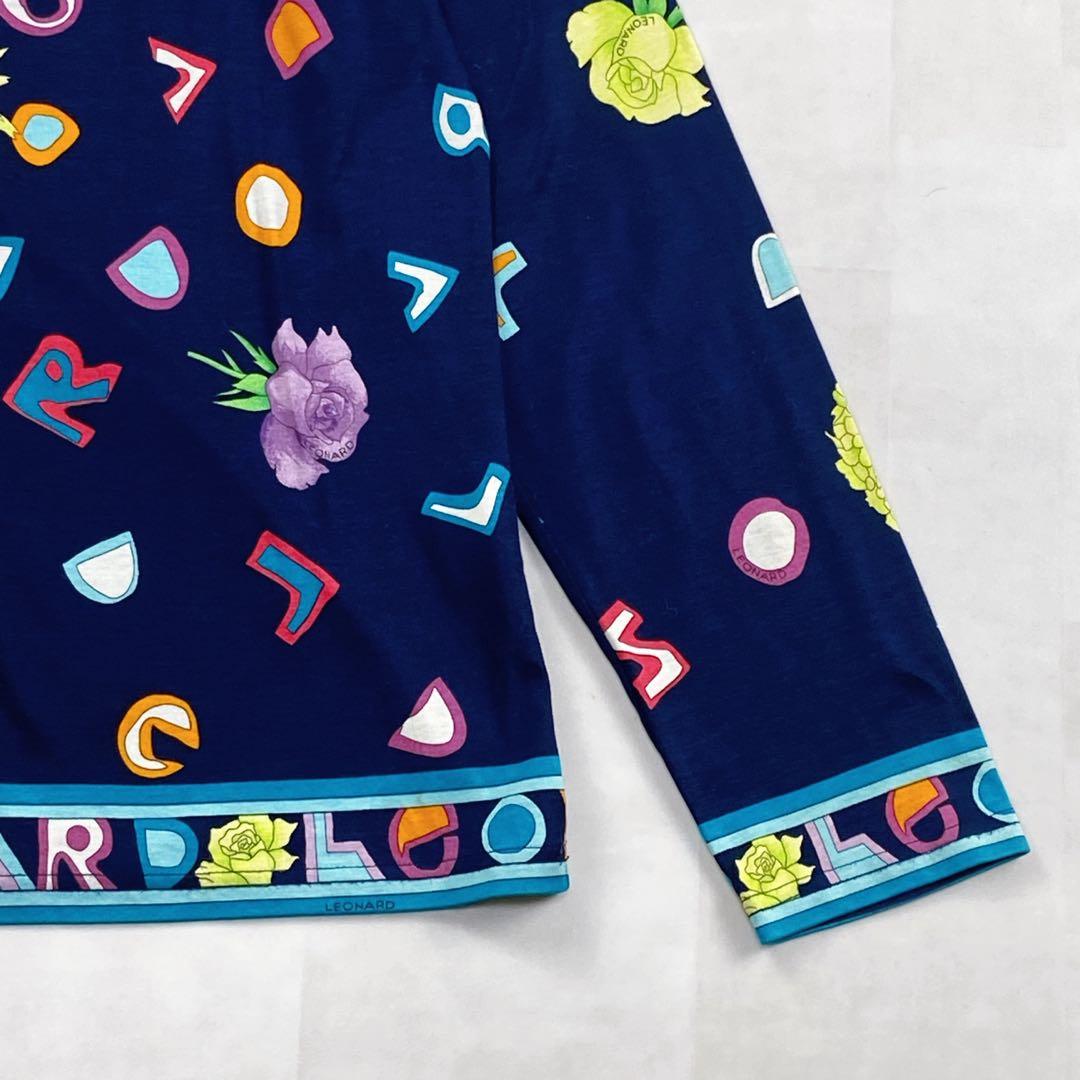 美品 トリム 薔薇 LL 花 アルファベット ロゴボタン レオナール カットソー