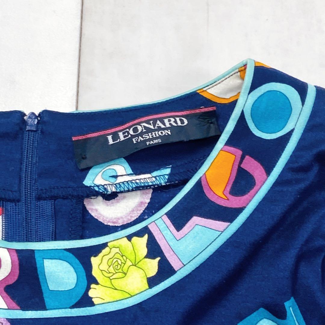 美品 トリム 薔薇 LL 花 アルファベット ロゴボタン レオナール カットソー