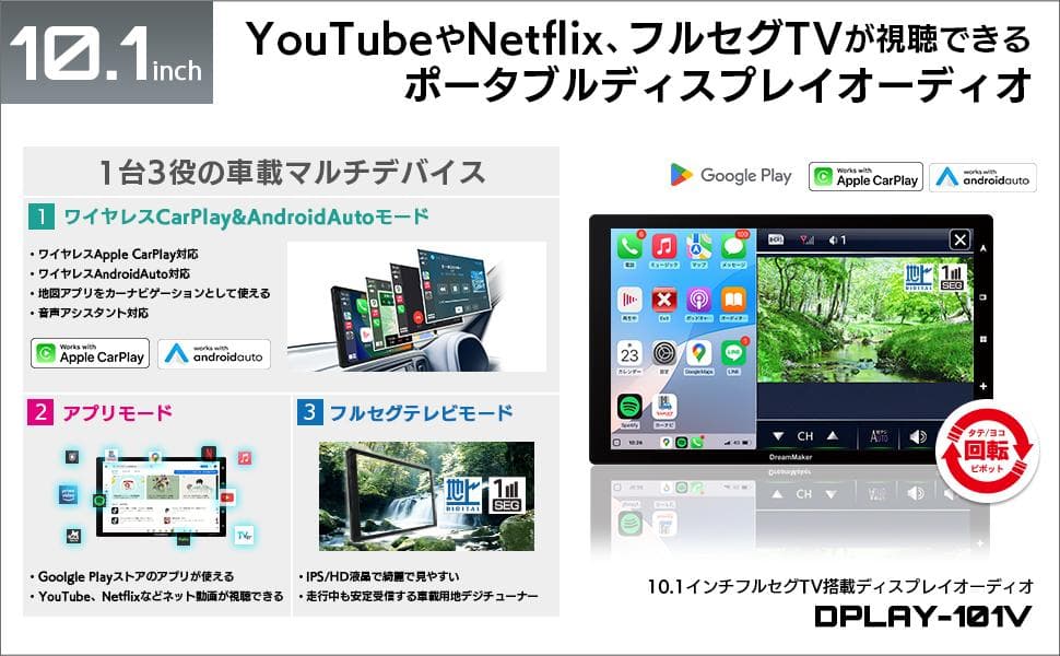 10.1インチ IPS フルセグTV搭載 ポータブルディスプレイオーディオ