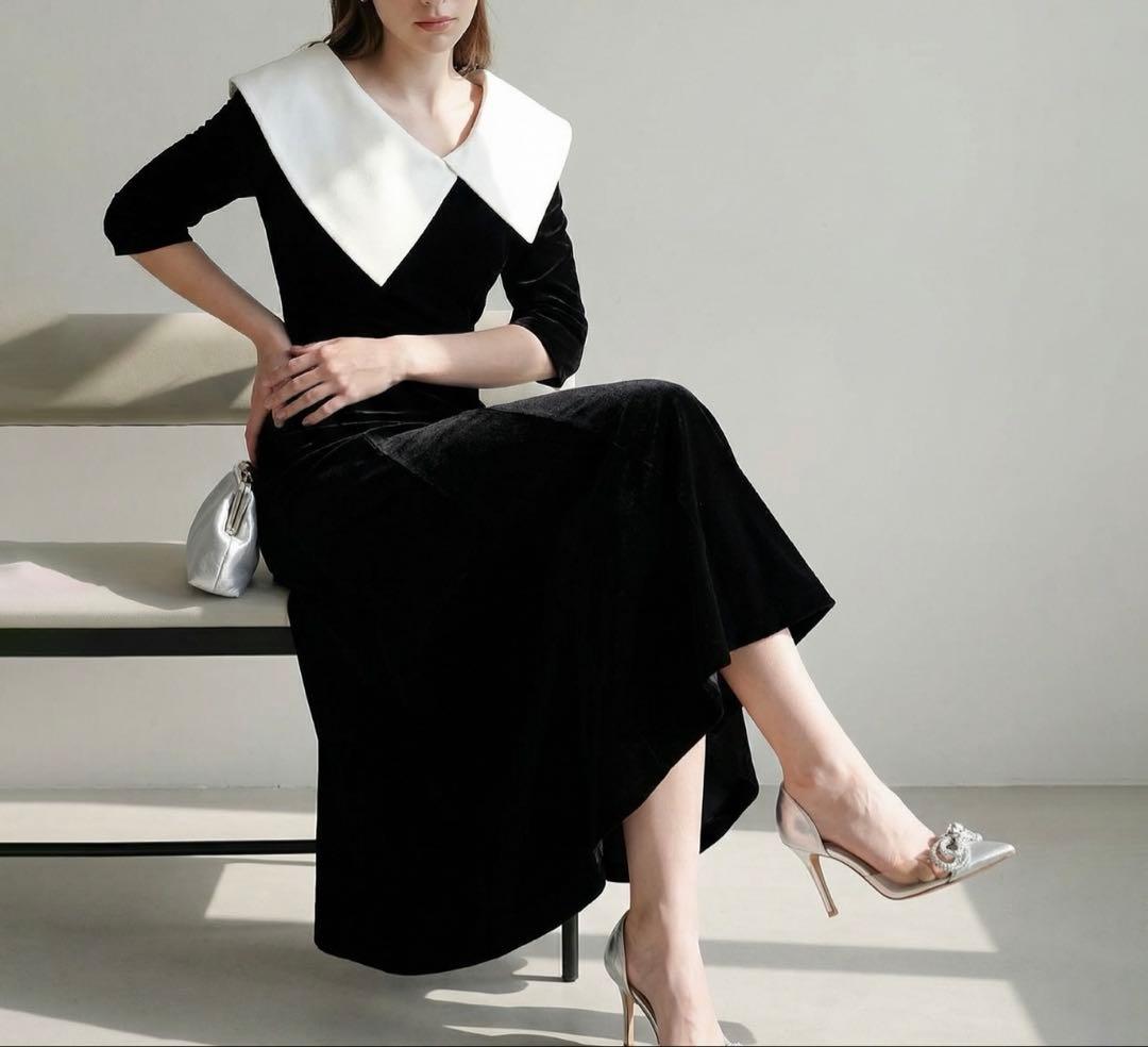 LEJA 配色アシンメトリー ビッグカラーベロア マーメイドドレス ブラック M